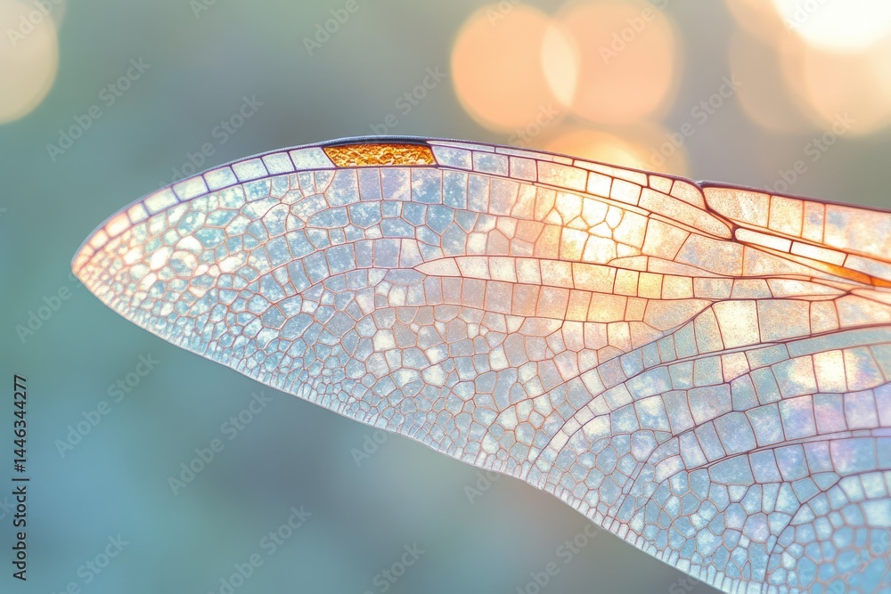 Poster close-up of a dragonfly wing showing intricate patterns and iridescent colors against a blurred boke