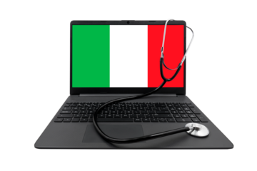 Laptop with a transparent screen and a medical stethoscope on the background of the Italian flag. Concept of medical consultation and healthcare system in Italy