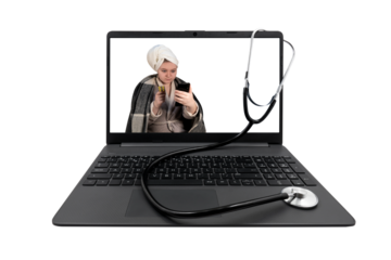 Laptop and medical stethoscope on a transparent background. On the laptop screen - a girl with cold symptoms holds a blister with pills and a smartphone in her hands