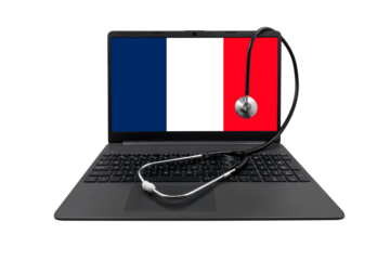 Laptop with France flag on screen and medical stethoscope on transparent background. French healthcare system concept	