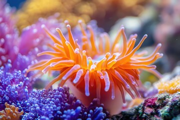 Macro shot of an orange sun anemone surrounded by colorful coral in an aquarium.