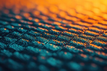 Close-up of a woven fabric in teal and orange with a warm, textured, and slightly blurred abstract pattern.