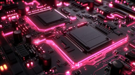 Fototapeta premium Glowing electronic circuit board in detail, pink illumination