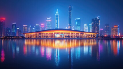 Fototapeta premium Night cityscape reflecting in water