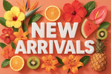 New arrivals banner with flowers and fruits concept of summer retail freshness and product promotion