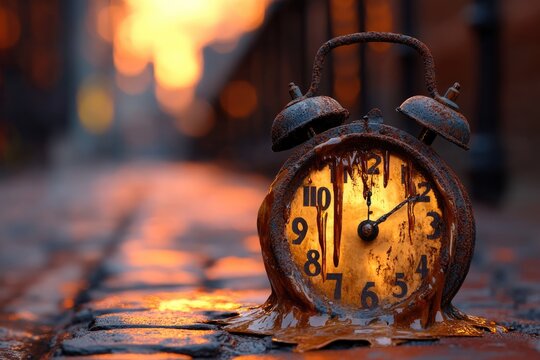 A rusty, melting alarm clock sits on brick, time dissolving in a dreamlike, surreal landscape with warm light. - Powered by Adobe