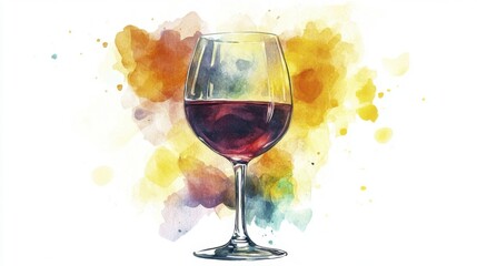 Elegant watercolor of a wine glass filled with deep red liquid against a colorful yellow and orange background