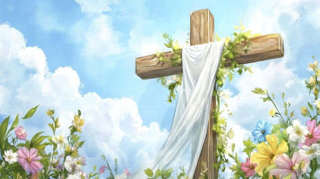 Wooden cross with white cloth, foliage, and flowers against a cloudy sky for religious events and celebrations.