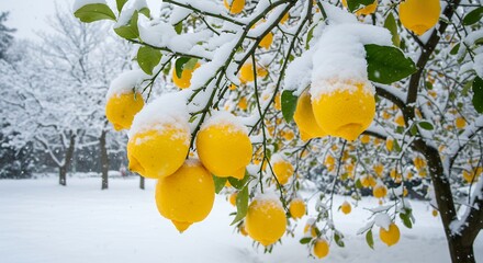 Snow covered lemons on winter tree