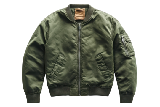 Stylish olive green bomber jacket classic design comfortable fit perfect for fall sleek zipper