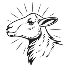 Monochrome Sheep Head with Bold Outline and Radiating Light Rays