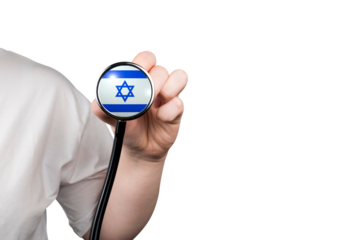 The head of a medical stethoscope in the shape of the Israeli flag in a hand (close-up) on a transparent background. Israeli healthcare system concept