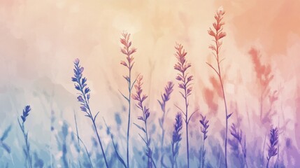 Fototapeta premium Pastel Floral Background of Lavender Stalks with Light Orange and Violet Tones on Painted Backdrop