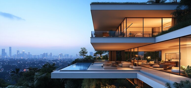 Luxury Modern Villa with Infinity Pool Overlooking a Distant City Skyline at Dusk
