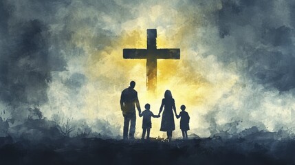 Family Silhouette Holding Hands Before a Glowing Christian Cross in a Cloudy Landscape, Standing Together in Faith