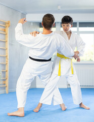 Obraz premium Adult man and teenage boy judokas practicing judo fighting in studio