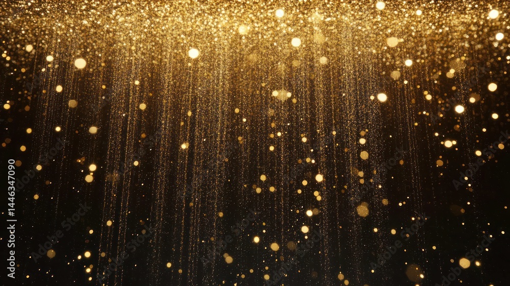 Poster golden glitter cascading down a dark background, creating a luxurious, shimmering effect with varyin