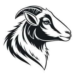 Stylish Black and White Ibex Head Profile with Curved Horns and Detailed Fur Texture