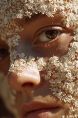 A woman with white flowers covering her face
