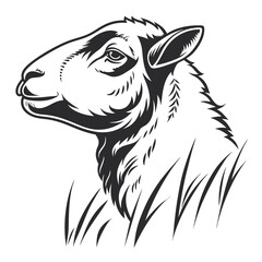 Monochrome Silhouette Ram Head with Detailed Fur and Grass Design, Icon