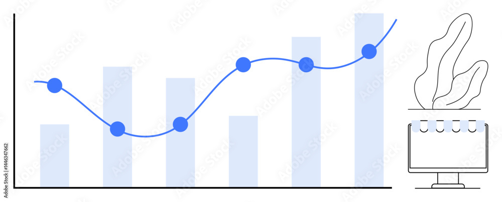 Poster graph with rising bars and connected dots shows trends and analysis, computer desk plant setup. idea