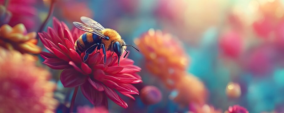 Bee pollinating a vibrant pink dahlia amidst a bokeh of colorful flowers - Powered by Adobe