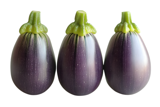 Three round dark purple vegetables with green tops arranged in a row