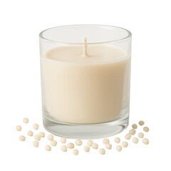 Elegant cream-colored candle nestled in a clear glass jar, highlighted by a scatter of small decorative beads.
