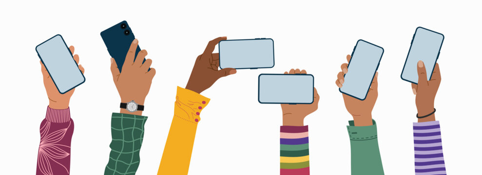 Raised up hands holding mobile phones with empty blank screen. People using smartphone. Hand drawn vector illustration isolated on white background, modern flat cartoon style.