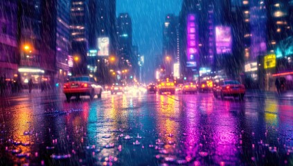 Obraz premium Rain-soaked city street at night, vibrant neon lights reflecting on wet pavement