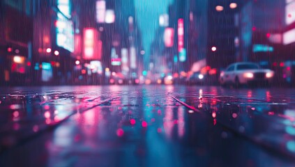 Fototapeta premium Rainy night city street, neon reflections on wet pavement