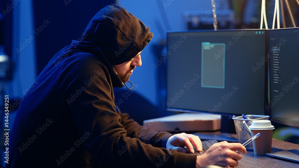 Poster hacker in abandoned warehouse talking on phone with partner, stealing data after using phishing tech