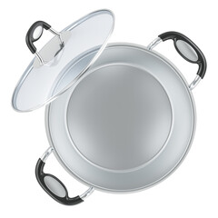 Empty steel stock pot with glass lid, top view. 3D rendering isolated on transparent background