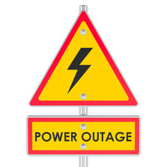 Power Outage, yellow road triangle sign. 3D rendering isolated on transparent background