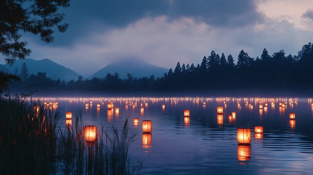 Peaceful lake scene illuminated by floating lanterns. - Powered by Adobe