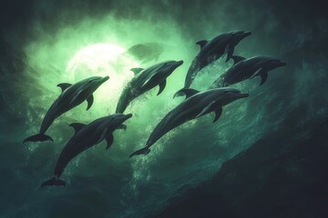 A pod of dolphins gracefully swims beneath a mystical green moonlit ocean.