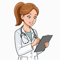Fototapeta premium A cheerful female doctor with a stethoscope checking a clipboard, standing confidently in a lab coat. White background.