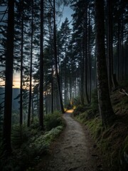 Obraz premium Navigating a narrow trail through a dense dark forest at twilight capturing the faint last light filtering through trees enchanting landscape photography