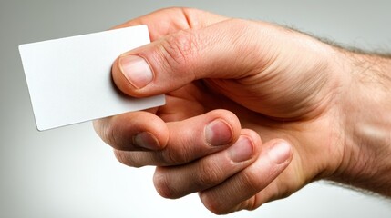 Hand holding a blank, white, rectangular card