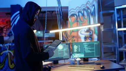 Lone wolf hacker in neon lit secret hideout trying to hide his online activity after stealing data...