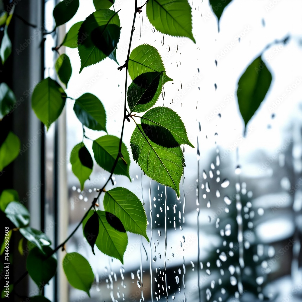 Poster close branch tree green leaves branch focus while background blurred appears window raindrops leaves