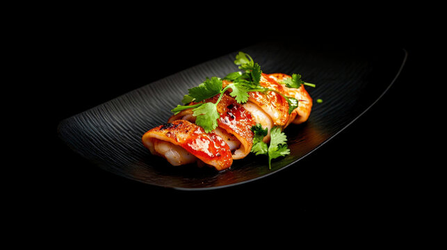  Stuffed squid delicacy on black plate showcasing traditional Portuguese dish, Lulas Recheadas, with herbs.