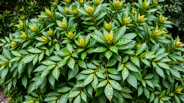 Japanese laurel or Aucuba japonica or Spotted laurel or Gold dust plant or Japanese aucuba dioecious dense upright rounded evergreen shrub plant with lush foliage of leathery opposite broad lanceolate