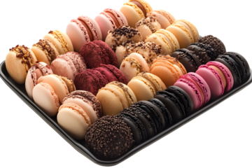 Variety of colorful macarons in a tray delicious sweet treat perfect for bakery menu or desse