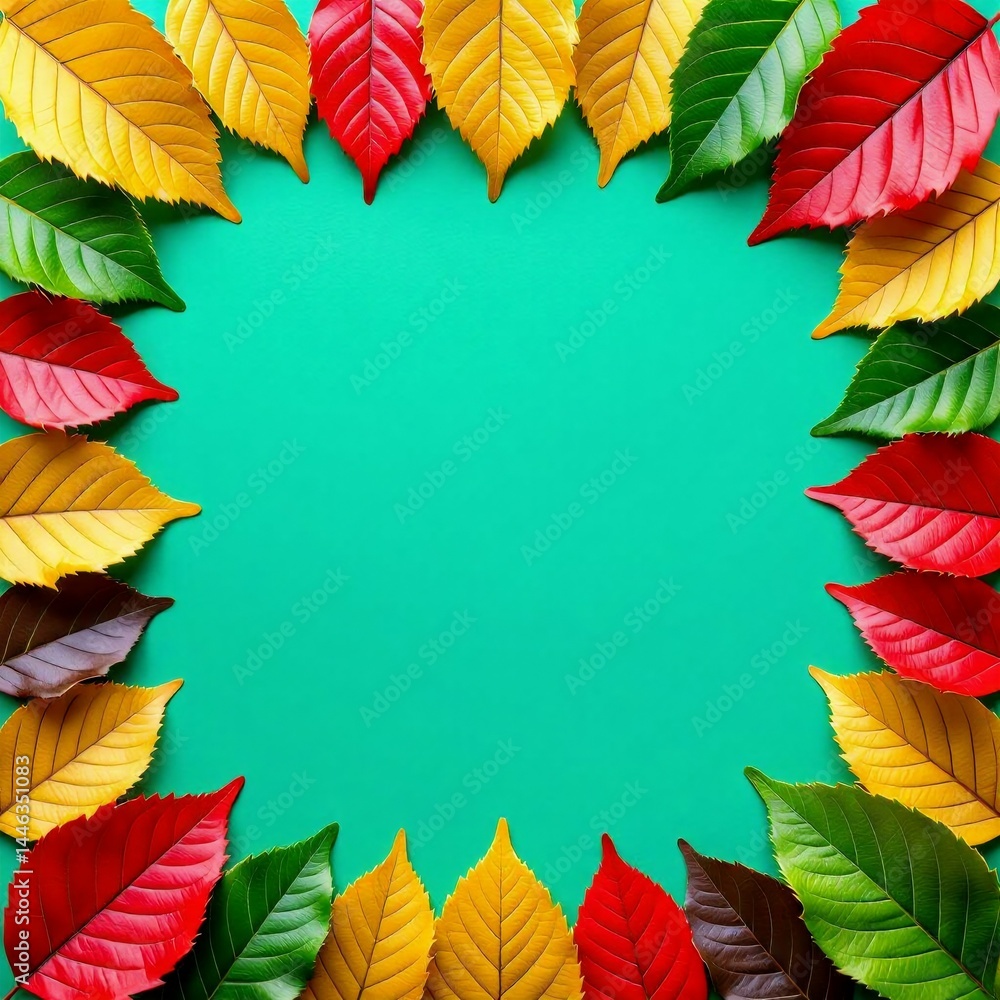 Poster square frame colorful autumn leaves leaves arranged way form border around center frame colors leave