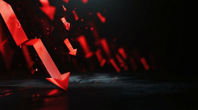 Multiple red arrows pointing downwards on a dark reflective surface.