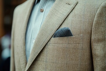 A sophisticated beige blazer with a dark pocket square showcasing subtle texture and sharp tailoring