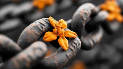 International Day for the Remembrance of the Slave Trade and its Abolition. A small orange flower blossoms amidst a rusty chain, a striking contrast of fragility and strength.