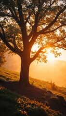 Majestic oak tree silhouette at golden sunset. Nature's beauty and spiritual symbolism. Arbor Day, Earth Day, or Tu BiShvat greeting card background