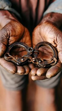 Close-up of dark-skinned hands gently holding rusty handcuffs.